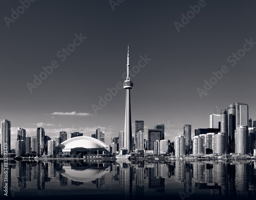 Toronto skyline with cn tower in black and white photo