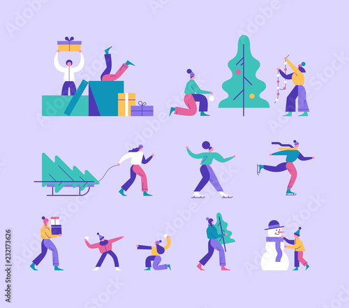 Vector winter season set including various Christmas holidays outdoor activities. People decorating xmas tree, a man carrying gift boxes, children playing snowballs, a couple skating.