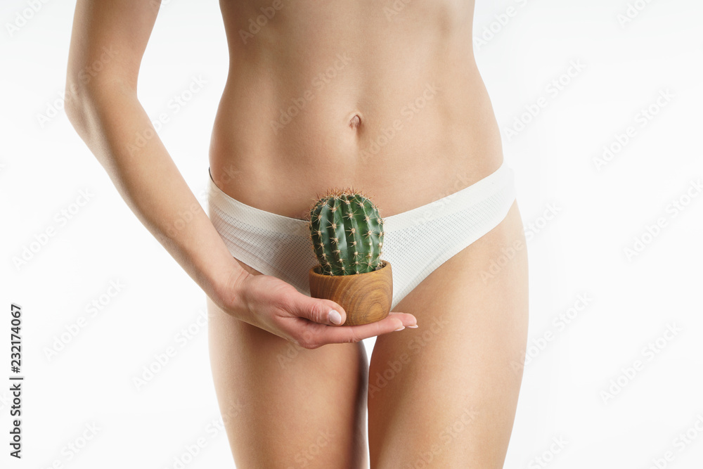 a woman in panties is holding a green cactus in a brown pot and a razor. The concept of depilation, epilation and removal unwanted hair in the bikini zone - obrazy, fototapety, plakaty 
