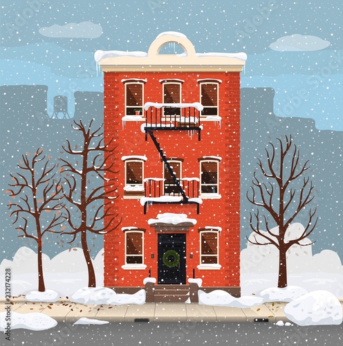 Illustration of a winter city landscape with townhouse and trees. Flat art style. Housing, real estate market, architecture design, property investment concept banner.