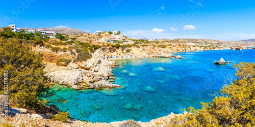 Panorama of beautiful sea coast and beach in Ammopi village on Karpathos island, Greece