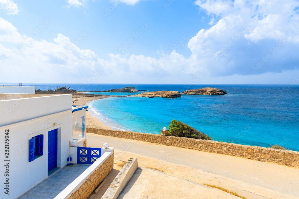 Typical Greek white and blue color house near beach in Lefkos village on Karpathos island, Greece