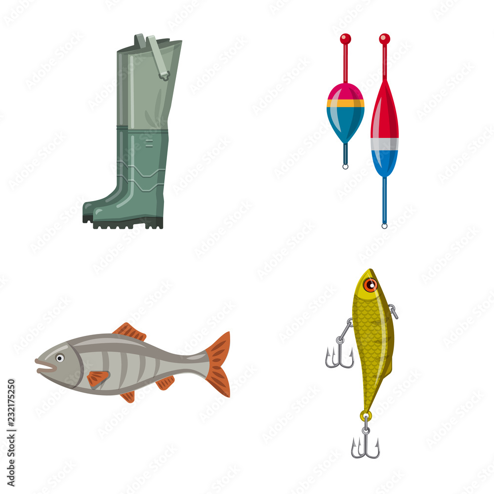 Vector design of fish and fishing sign. Collection of fish and equipment vector icon for stock.