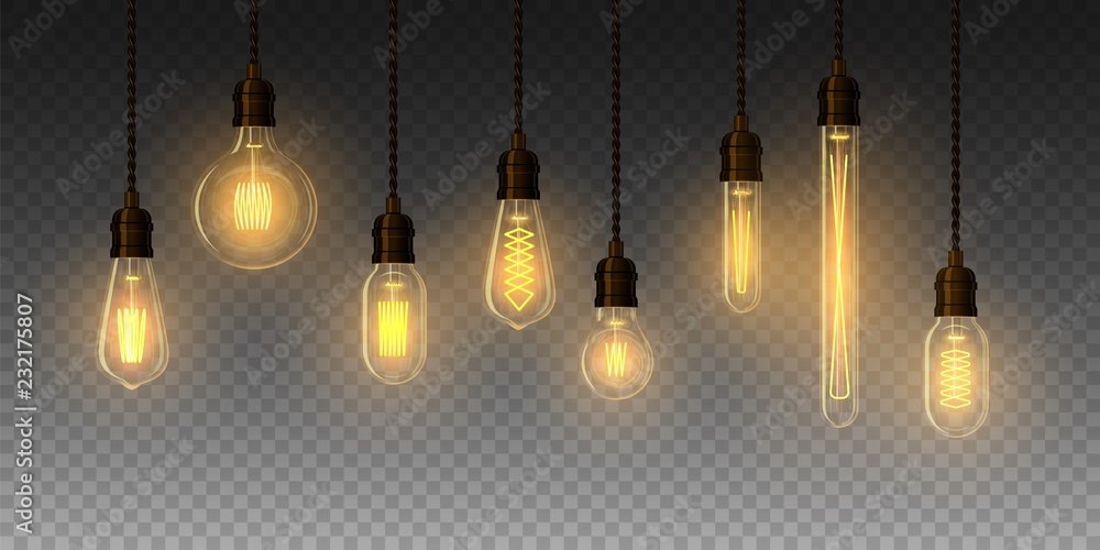 Set of realistic glowing lamp hanging on the wire. Incandescent lamp. Vector - obrazy, fototapety, plakaty 