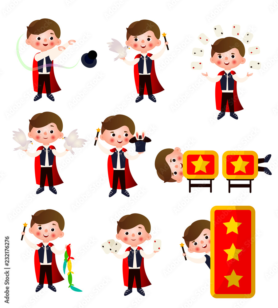 Set of magicians. The young magician performs different tricks with cards, with pigeons, rabbits. Set of magicians. The young magician performs different tricks with cards, with pigeons, rabbits.