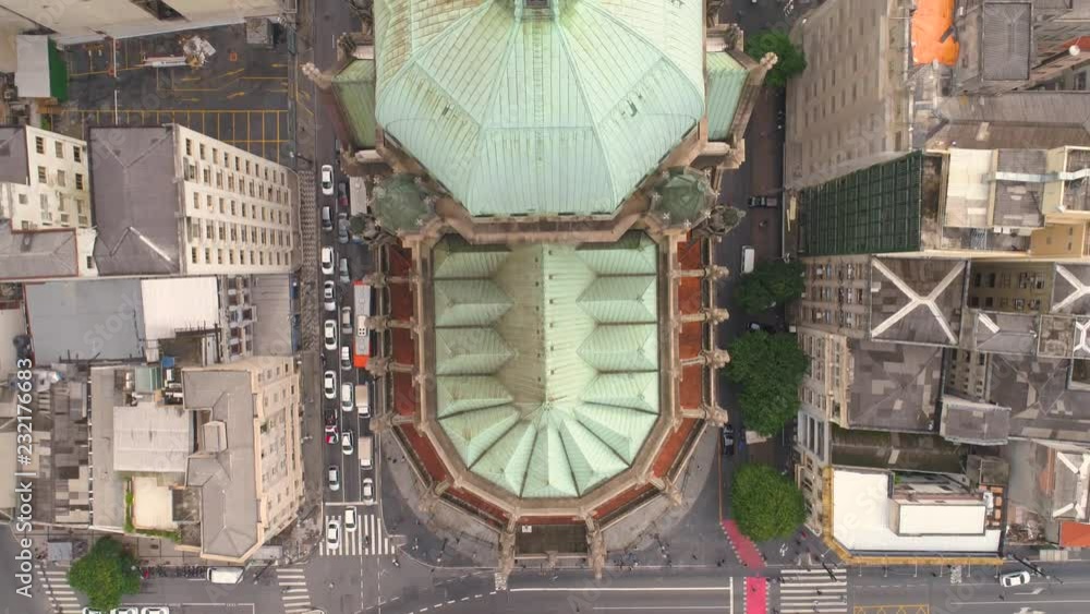 SAO PAULO, BRAZIL - MAY 3, 2018: Aerial View of Se Cathedral in the city centre SAO PAULO, BRAZIL - MAY 3, 2018: Aerial View of Se Cathedral in the city centre