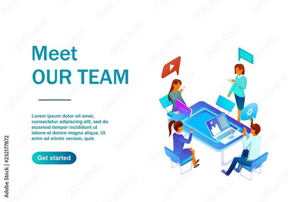 Isometric illustration of a meet Our Team. Made with gradients of red orange and blue shades. Background for sites, banners, posters. People discuss the project with icons above their heads Isometric illustration of a meet Our Team. Made with gradients of red orange and blue shades. Background for sites, banners, posters. People discuss the project with icons above their heads