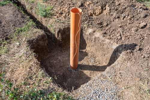 Ground water collection site for the village home. Pipe to connect the groundwater supply pump. Artesian well.