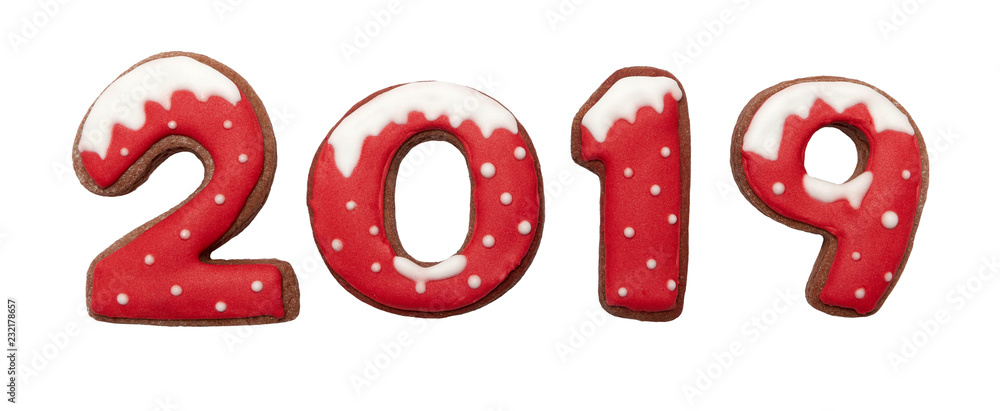 Ginger Christmas or New Year cookies in the form of numbers 2019. Seasonal packaging and New Year's attributes. Isolated on white Ginger Christmas or New Year cookies in the form of numbers 2019. Seasonal packaging and New Year's attributes. Isolated on white