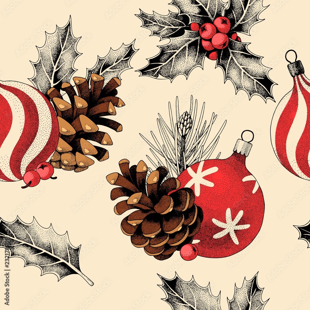 Seamless pattern with pine cones and xmas toys