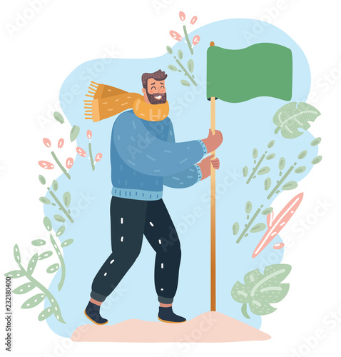 Man planting a green blank flag. Success concept