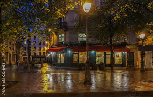 Photography Parisian street in rainy autumn evening, Paris.