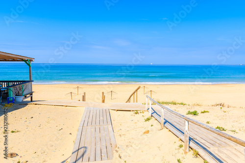 Wooden walkway from sand dunes to beach in Tarifa town  Spain