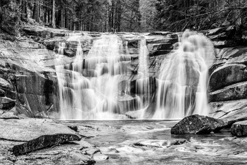 Aluminium schilderij Zwart wit Mumlava waterfall in autumn, Harrachov, Giant Mountains, Krkonose National Park, Czech Republic. Black and white image.  © pyty