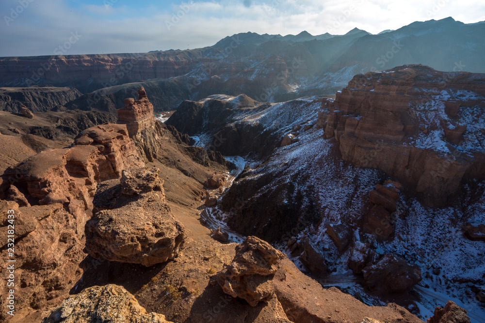 landscape Kazakhstan, red canyon and snow