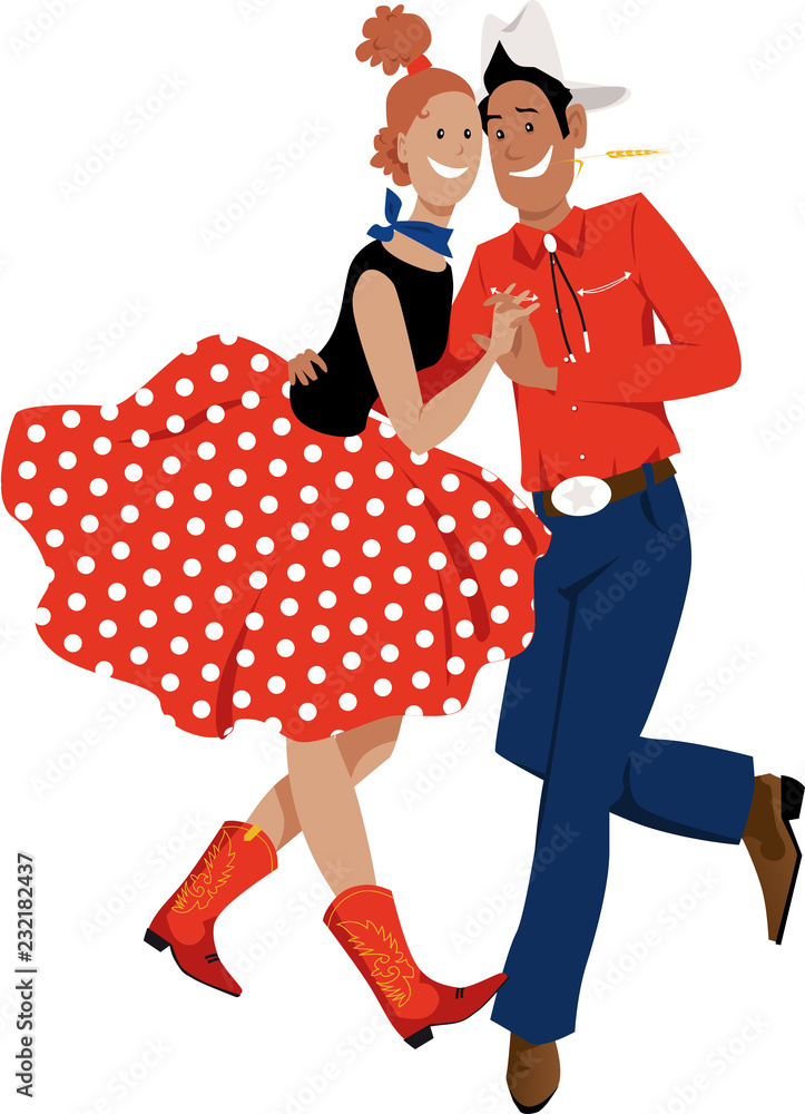 Cute cartoon couple dressed in traditional country western costumes dancing  square dance or contradance, EPS 8 vector illustration Stock Vector | Adobe  Stock