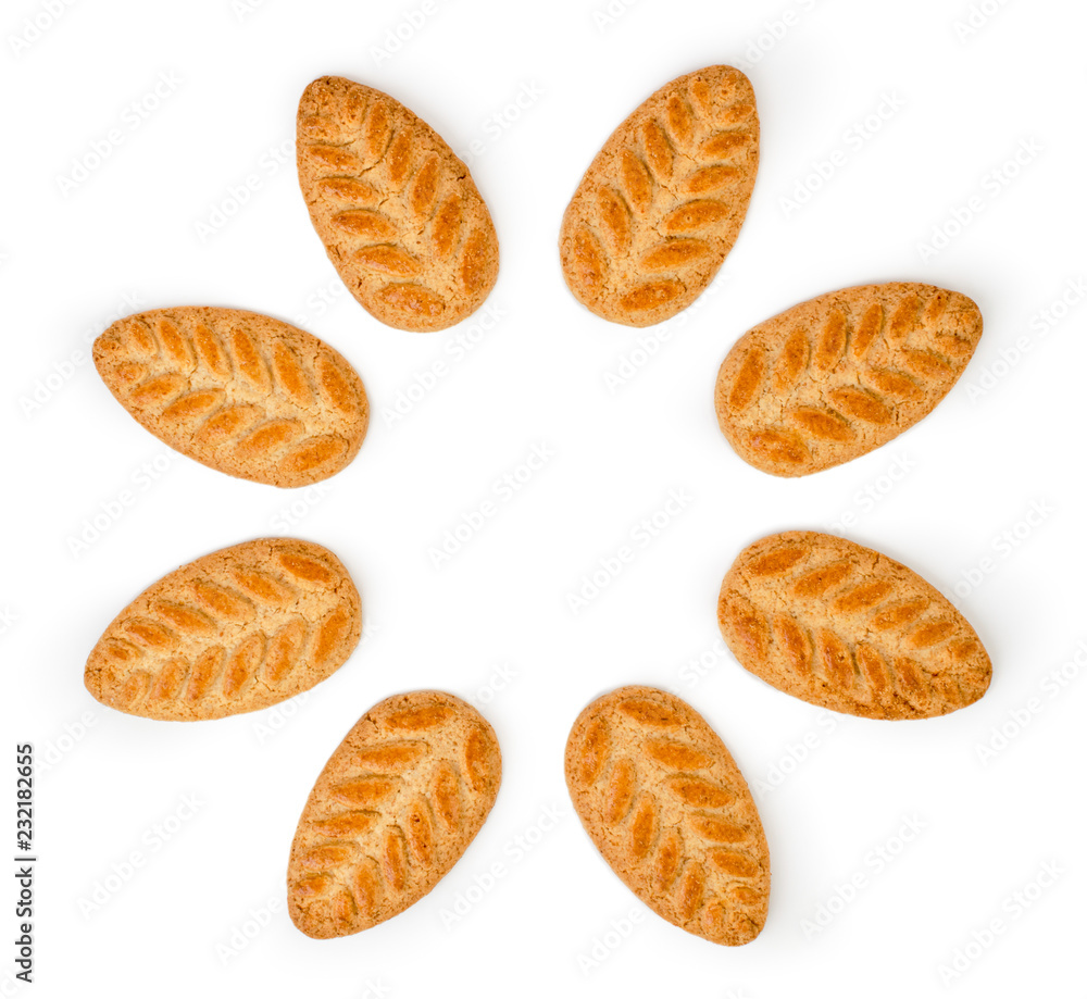 Wheat cookies lined in a circle on a white. The form of the top. Wheat cookies lined in a circle on a white. The form of the top.