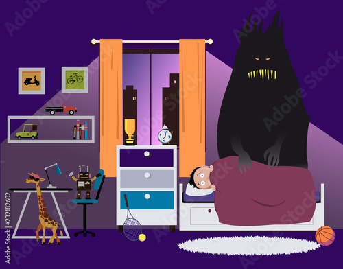 Scared child lying in bed at night, a monster standing next to him, representing nightmares or other psychological issues, EPS 8 vector illustration