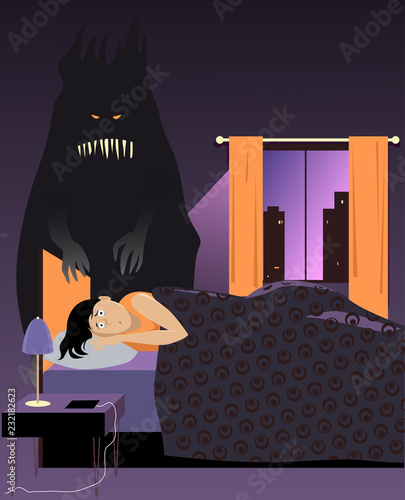 Scared woman lying in bed at night, a monster standing next to her, representing nightmares or other psychological issues, EPS 8 vector illustration