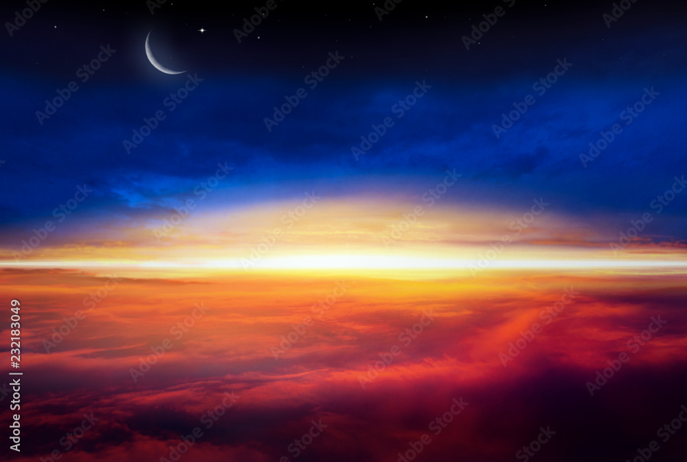  Crescent moon with beautiful sunset background . Generous Ramadan  .  Light from sky . Religion background .