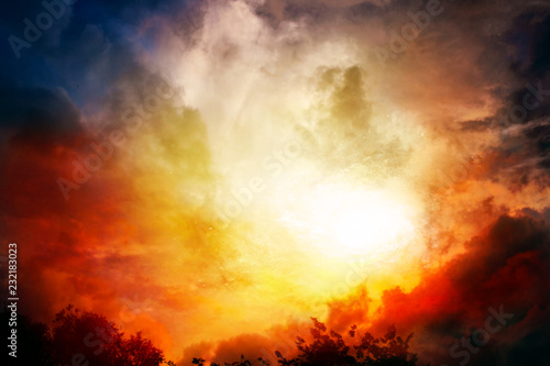 Light from sky . Religion background . Sunset . Sunlight pierces through the clouds . Background sky at sunset and dawn . Flare