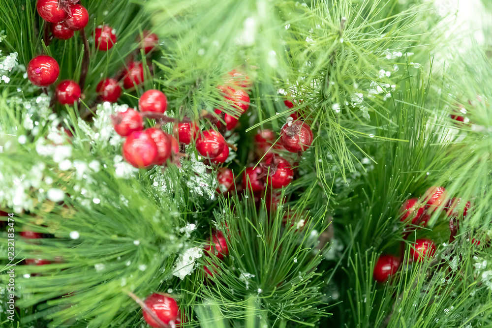 Christmas decorations, wreaths and balls, new year holiday Christmas decorations, wreaths and balls, new year holiday
