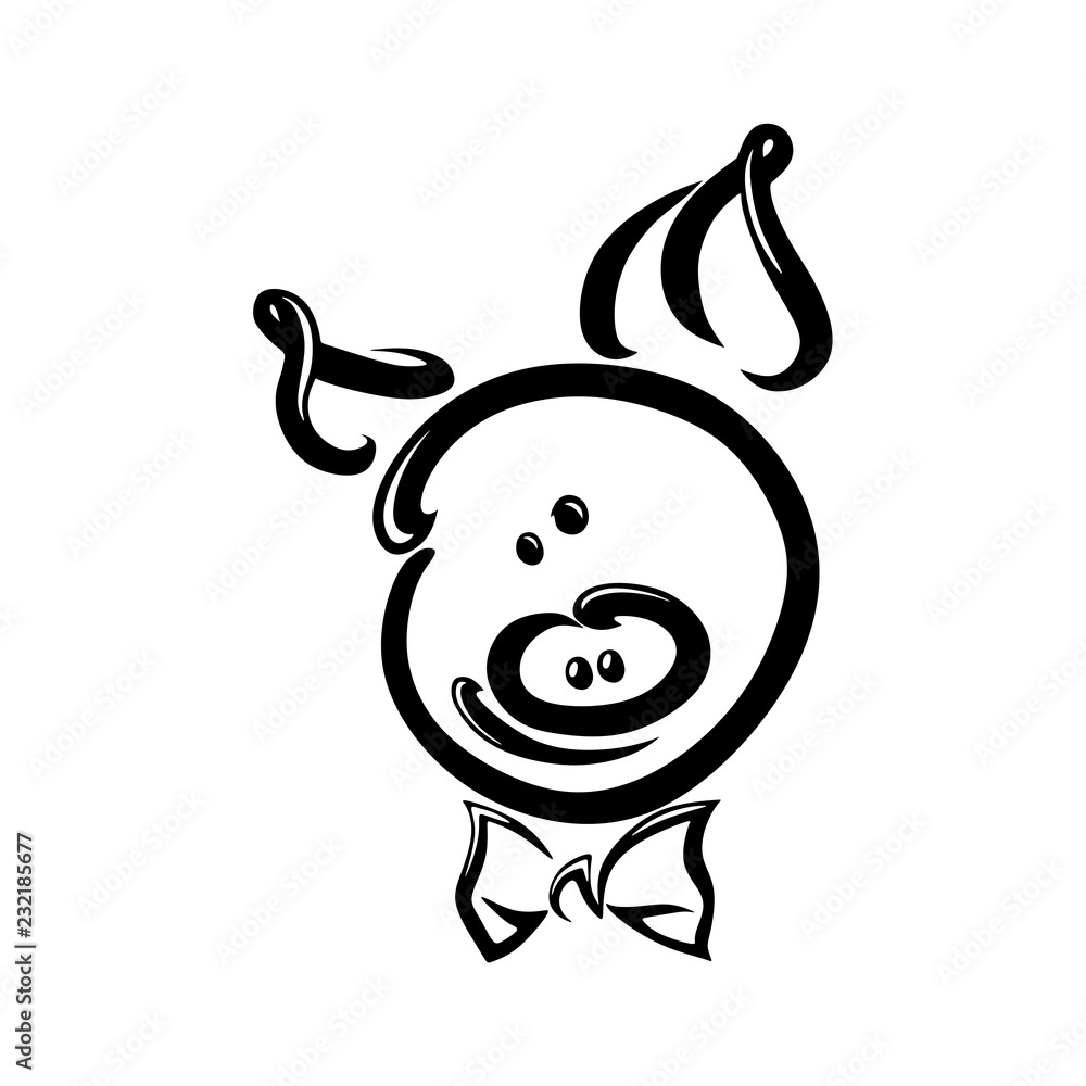 smiling cartoon piggy painted with a brush, in a bow tie. logo, icon, sign, avatar