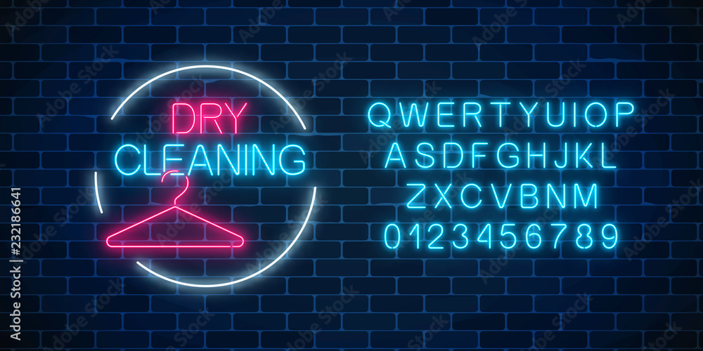Neon dry cleaning glowing sign with hanger in circle frame with ...