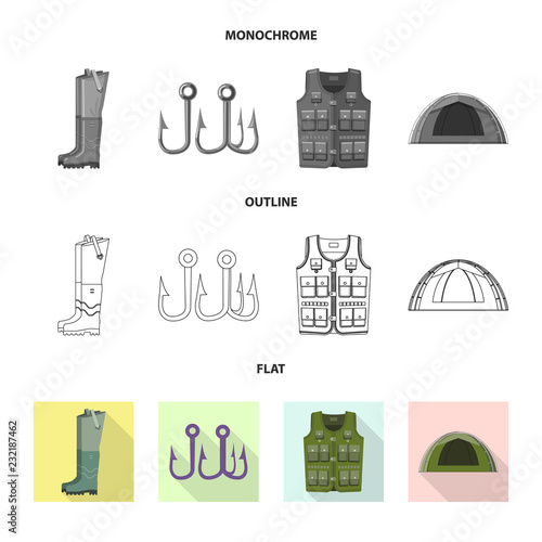 Vector design of fish and fishing logo. Collection of fish and equipment stock symbol for web.