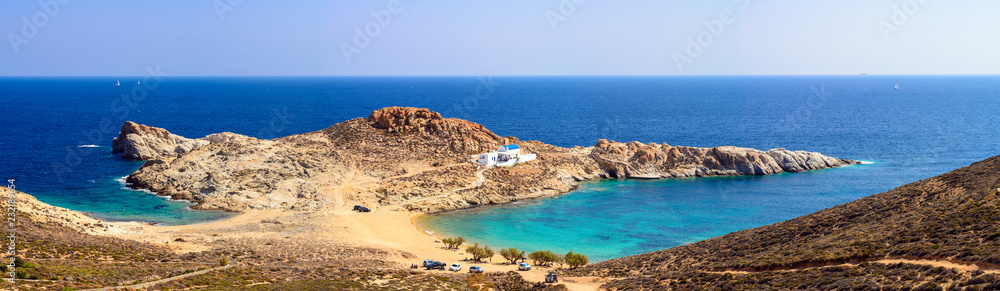 Panoramic view of Agios Sostis beach, one of the most beautiful beaches of Serifos. Cyclades, Greece