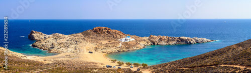Panoramic view of Agios Sostis beach, one of the most beautiful beaches of Serifos. Cyclades, Greece