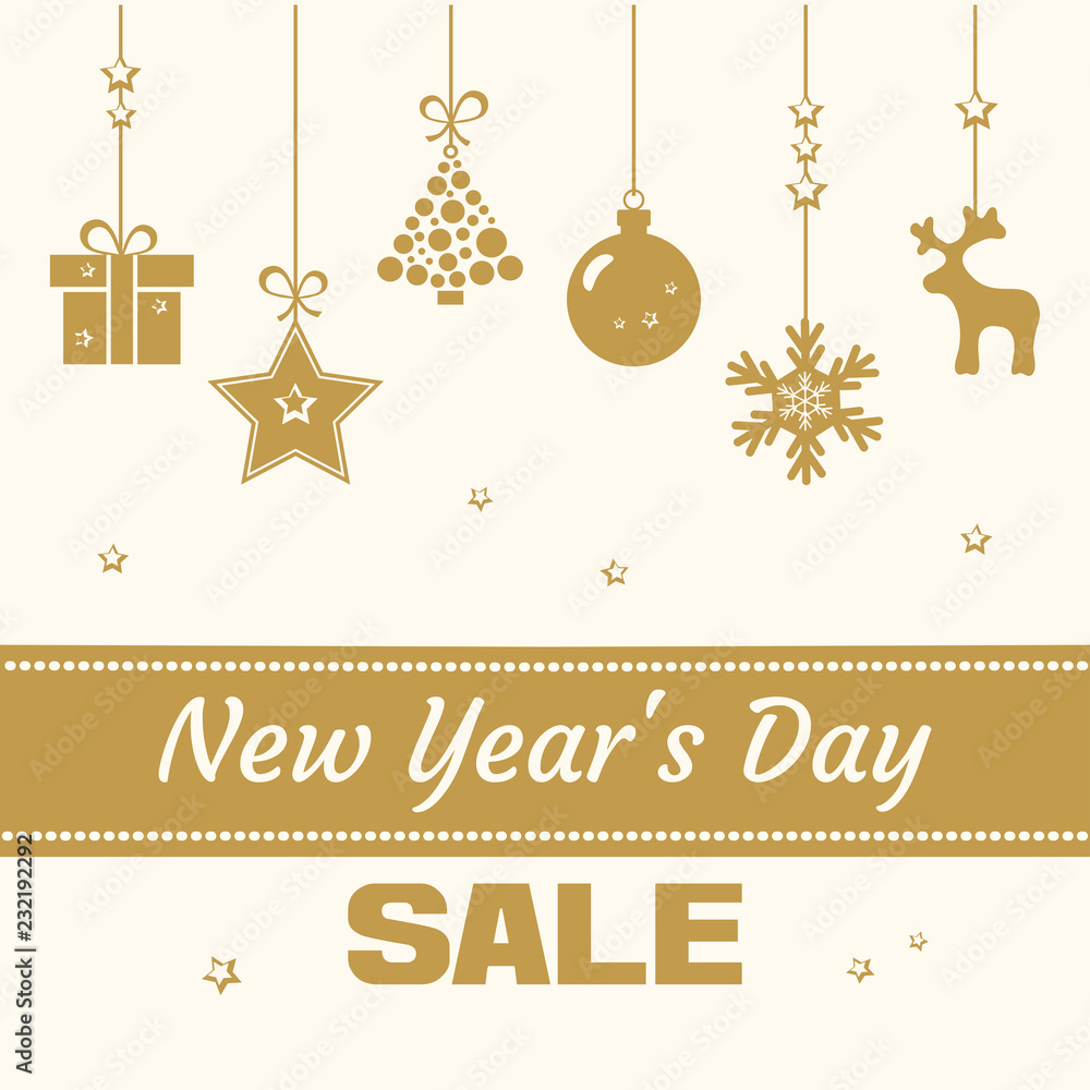 Fototapeta premium Festive postcard. Golden gift boxes end christmas trees, snowflake and inscription New Year's Day, SALE. Vector illustration