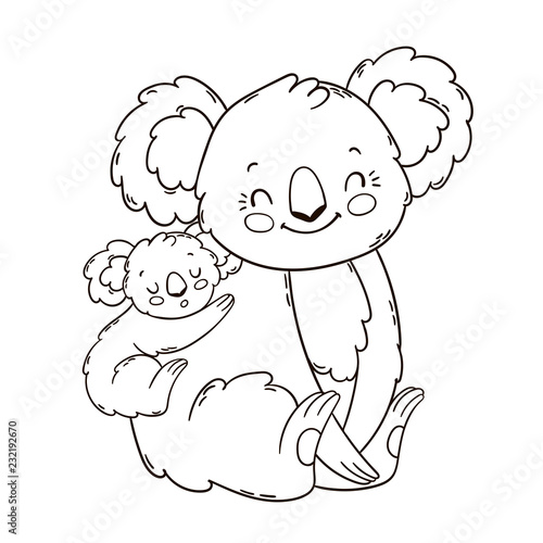 Cute mother koala with her little baby on her back. Coloring book page.
