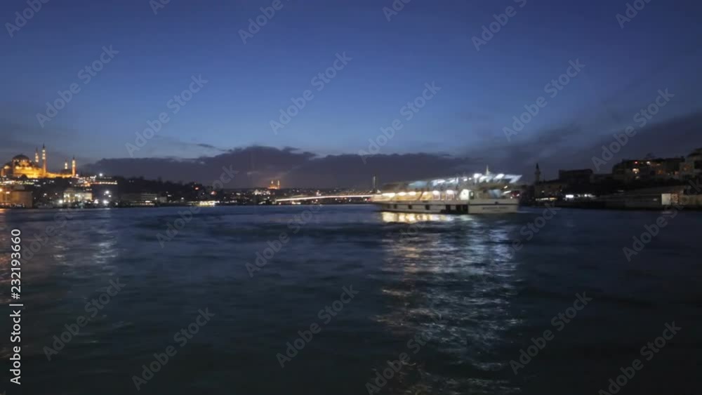 Amazing night illumination and tourist ships reflected in Bosphorus, time lapse Amazing night illumination and tourist ships reflected in Bosphorus, time lapse