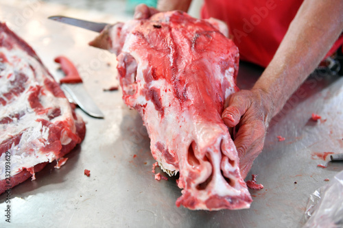 The bloody head of a fresh slaughtered cow on a market in Mazatlan-Mexico.