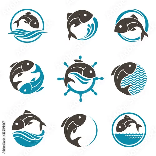 Obraz zbiór ikon streszczenie ryb z falami