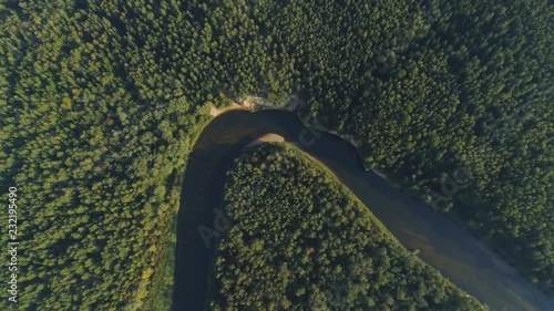 River and Green Forest nature near summer Cesis city in Latvia, Gauya, 4K drone flight landscape from above photo