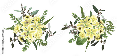 Fototapeta Naklejka Na Ścianę i Meble -  Vector floral bouquet design set, green forest leaf, fern, branches, buxus, eucalyptus. Flowers of yellow, white lily, gerbera, dahlia. Watercolor style, herbs. Wedding for invite