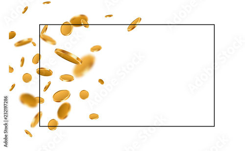White financial background with black frame and gold coins.