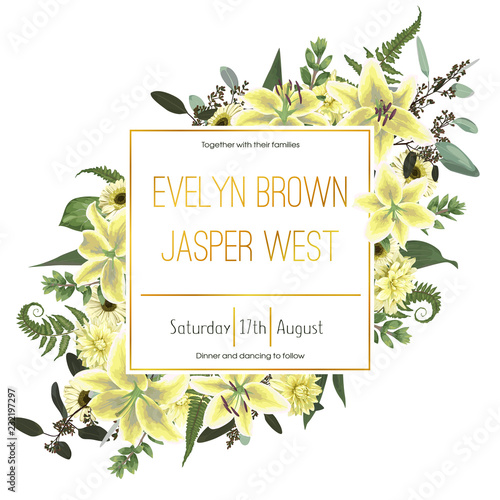 Wedding floral invitation, invite card. Vector watercolor green forest leaf, fern, branches boxwood, buxus, eucalyptus. Flowers of yellow, white lily, gerbera, dahlia. Decorative frame gold, square