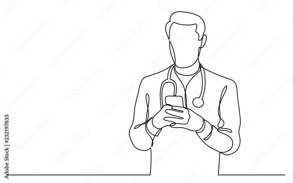 continuous vector line drawing of doctor checking his mobile phone continuous vector line drawing of doctor checking his mobile phone