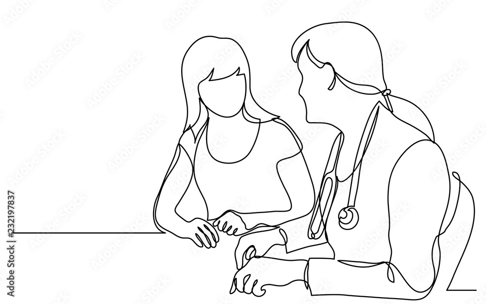 continuous vector line drawing of doctor consulting female patient