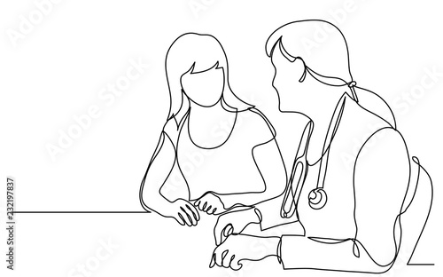 continuous vector line drawing of doctor consulting female patient
