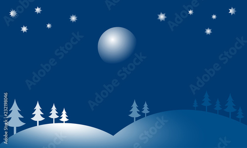 Winter season landscape with trees and hills. Night sky with moon and stars on background. Vector illustration for Christmas and New Year. © cvaradinac