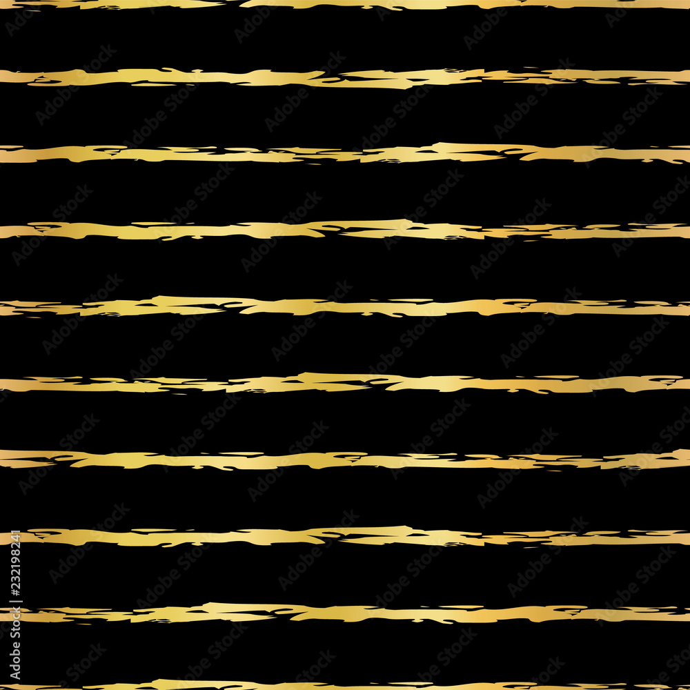 Gold foil hand drawn brush stroke horizontal lines seamless vector pattern. Golden wavy irregular stripes on black background. Elegant design for banners, wedding, party, birthday, Christmas, New Year