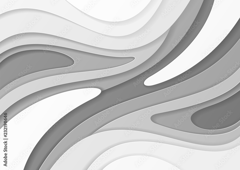 Abstract paper cut black and white background with wavy layers ...