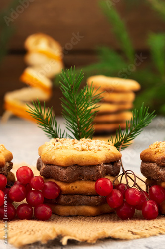 Fototapeta Naklejka Na Ścianę i Meble -  Figured cookies with a layer of chocolate filling, red berries of viburnum, spruce branch with green needles, Christmas card, Christmas decorations.