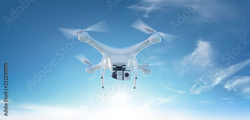 Fototapeta Naklejka Na Ścianę i Meble -  Electric drone flies in the sky. 3D illustration. Drone: 3d-model. Background: photo-panorama.