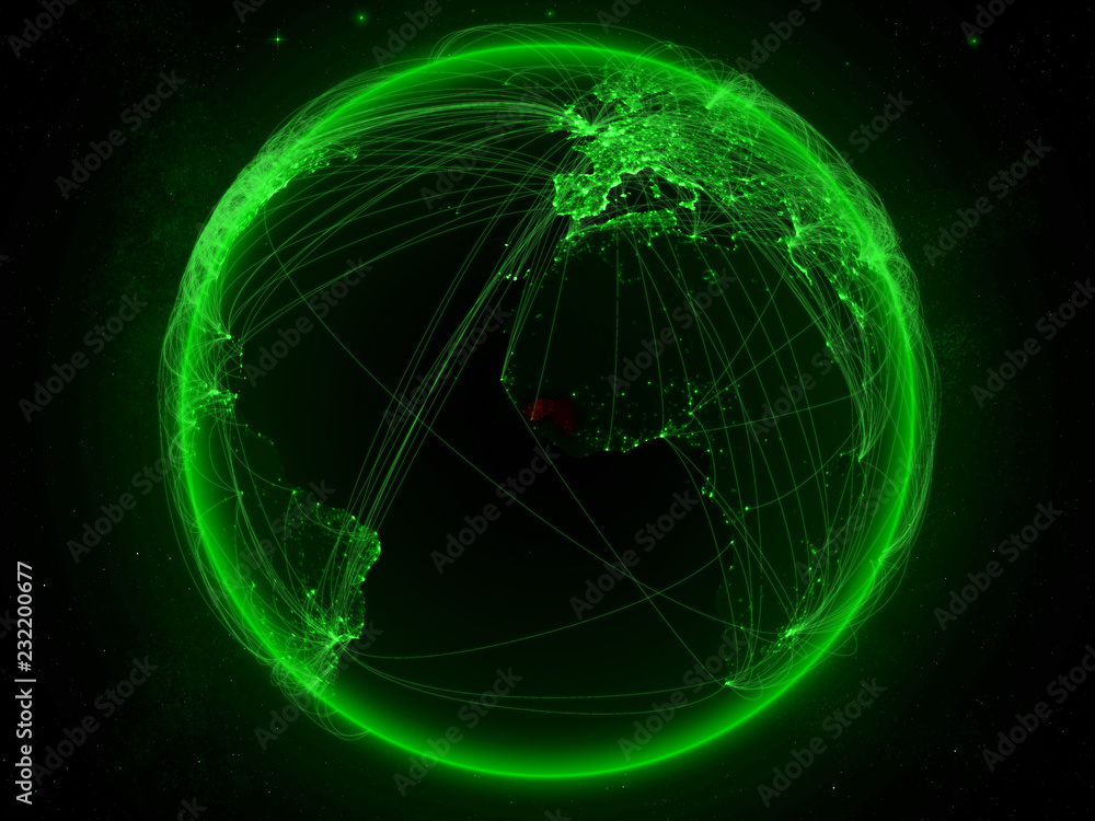 Guinea from space on planet Earth with green network representing international communication, technology and travel. Guinea from space on planet Earth with green network representing international communication, technology and travel.