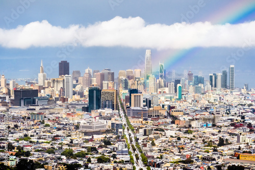 Photography Aerial view of San Francisco's financial district skyline on a rainy day, bright